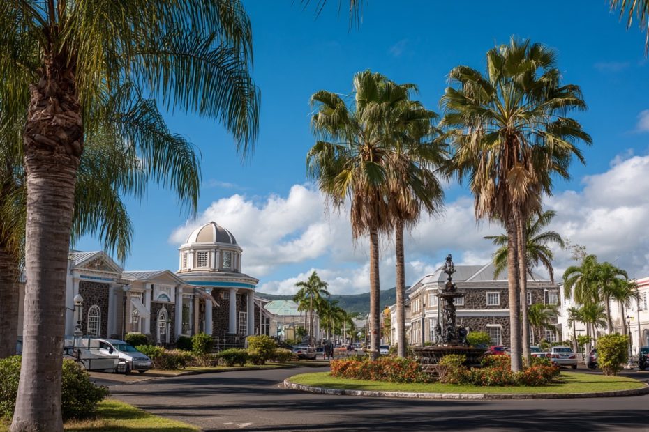 The Circus roundabout with colorful colonial buildings in Basseterre, St. Kitts