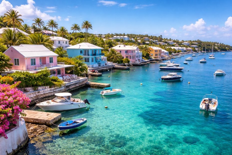 Colorful buildings and boats in a scenic Bermuda harbor