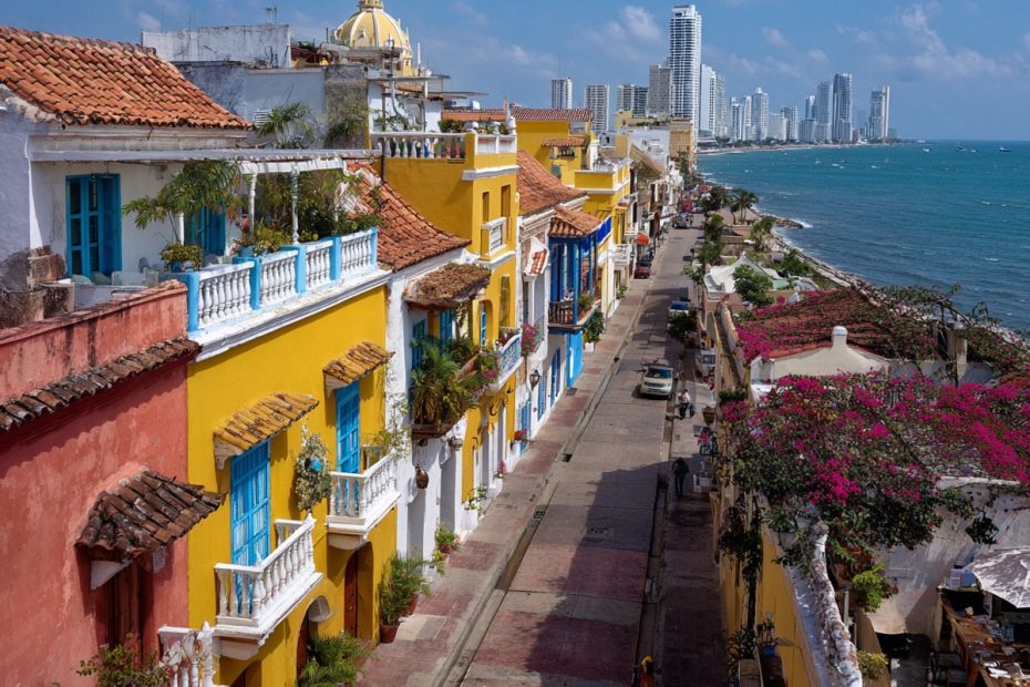 Colorful walled old city with colonial architecture in Cartagena, Colombia