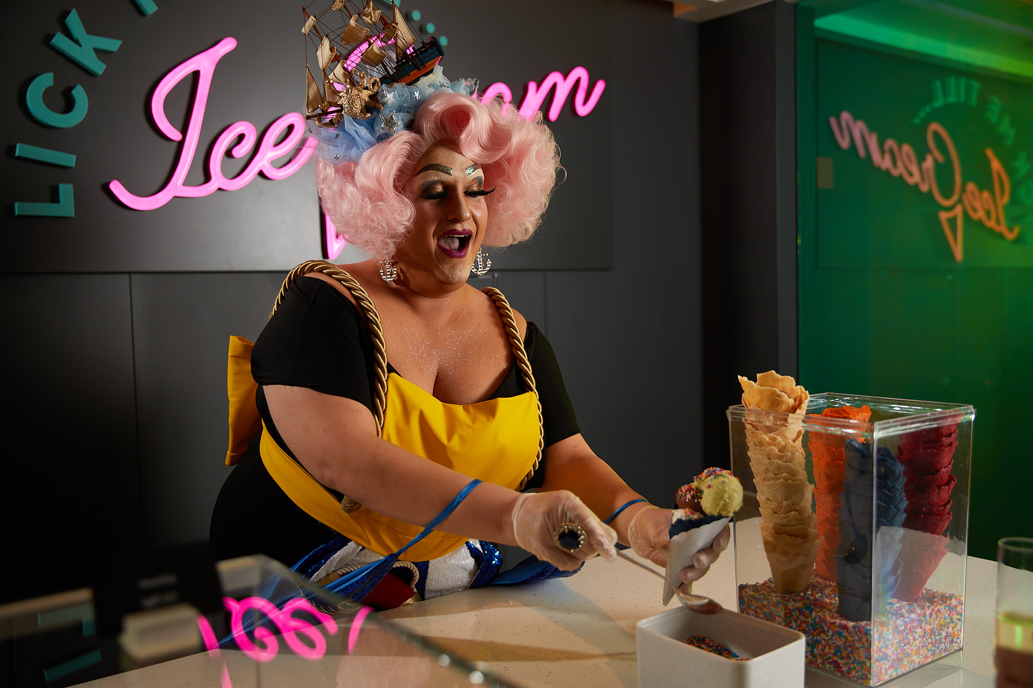 Drag performance and comedy entertainment on Virgin Voyages