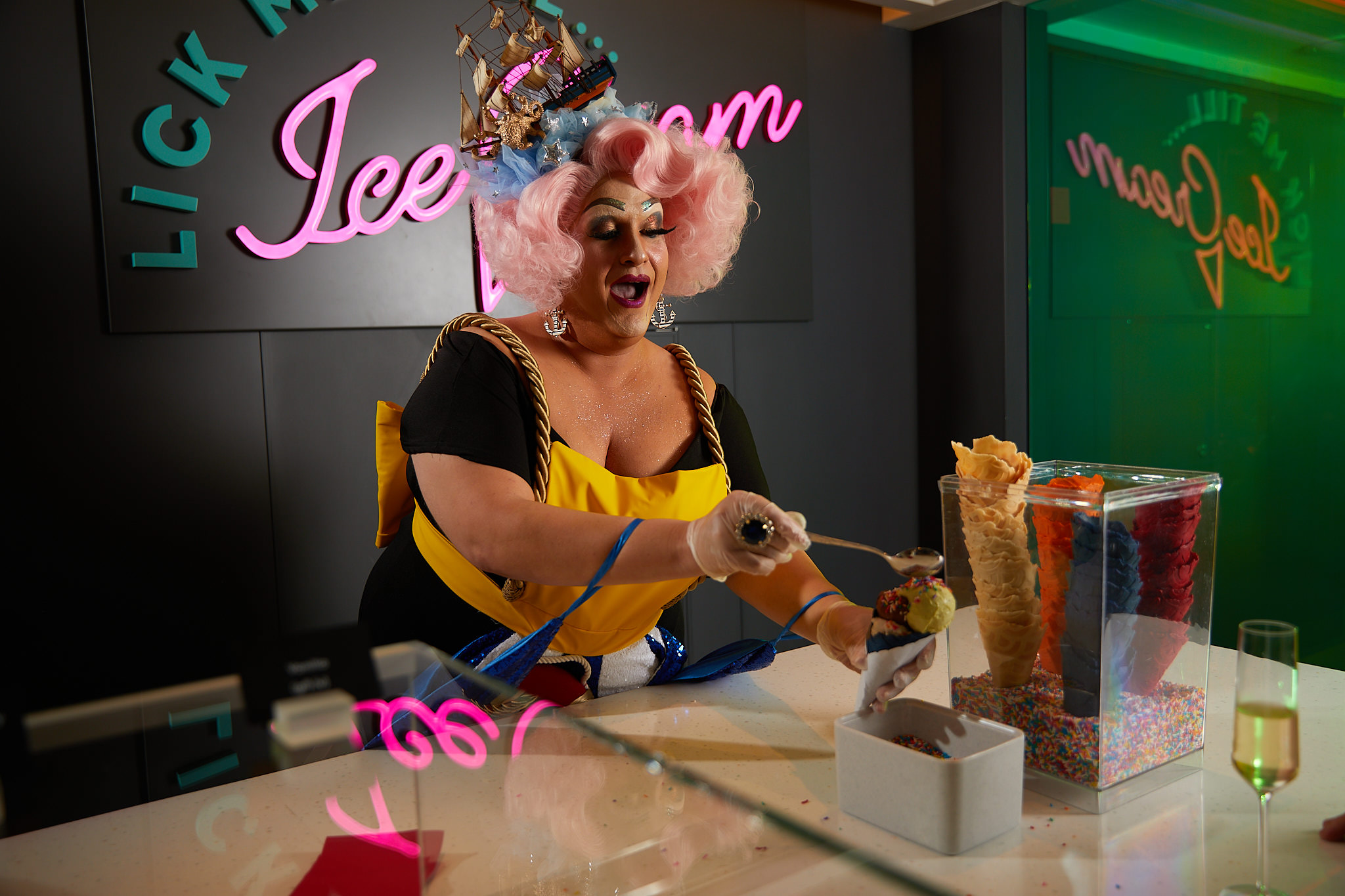 Drag performance and comedy entertainment on Virgin Voyages