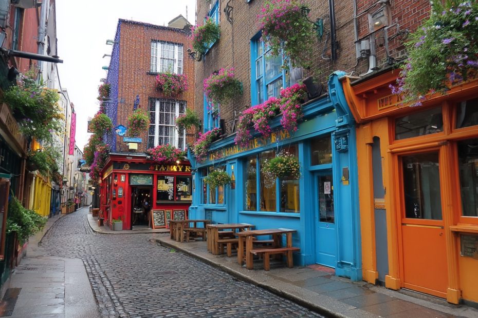 Colorful Temple Bar district with cobblestone streets in Dublin, Ireland