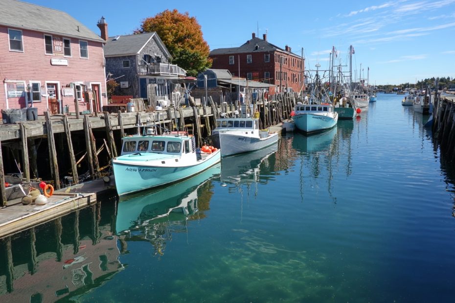 Charming New England coastal town with fall scenery
