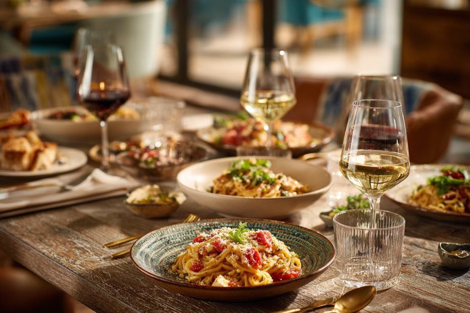 Extra Virgin Italian restaurant with rustic interior on Virgin Voyages