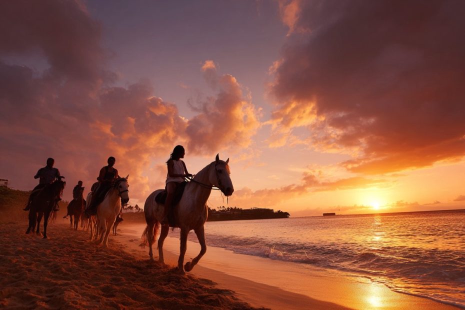 Horseback riding along a tropical beach on a cruise shore excursion