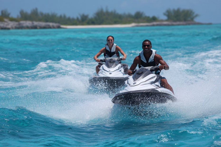 Jet ski riding through turquoise waters on a cruise shore excursion