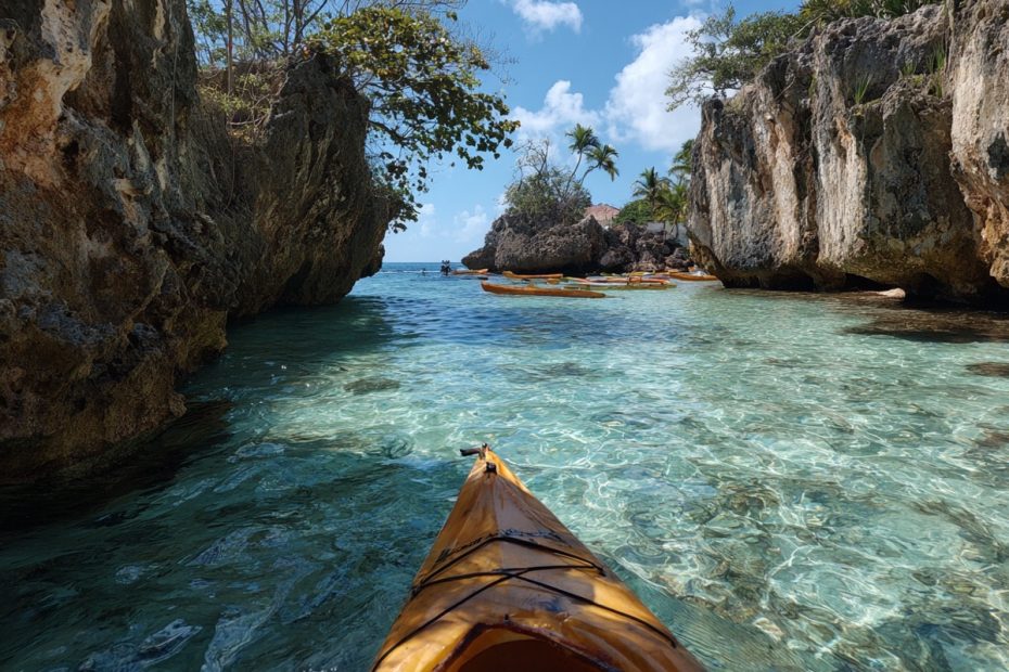 Kayaking through crystal-clear waters on a cruise shore excursion