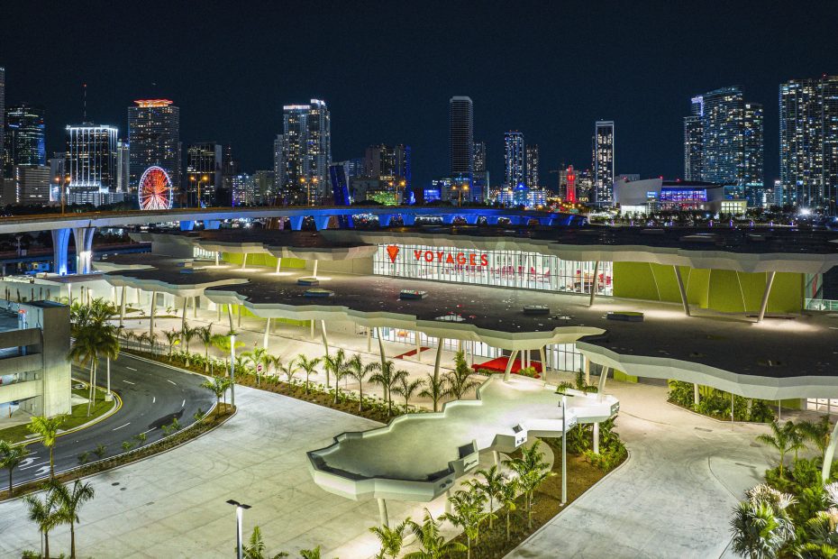 Miami cruise port terminal with Virgin Voyages ship docked