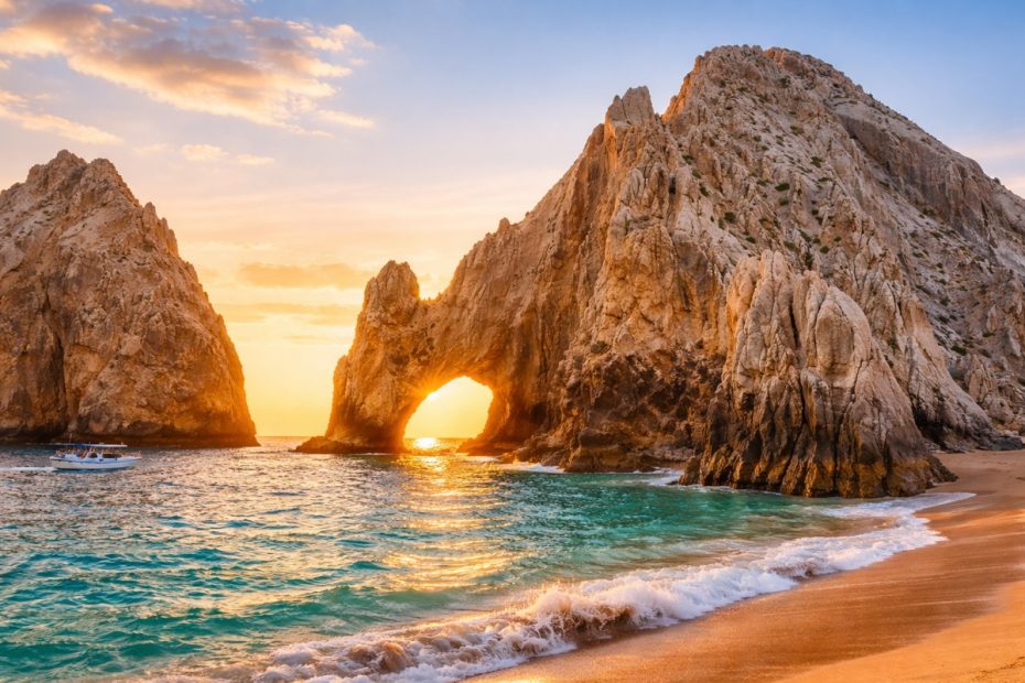 El Arco rock formation at golden hour in Cabo San Lucas