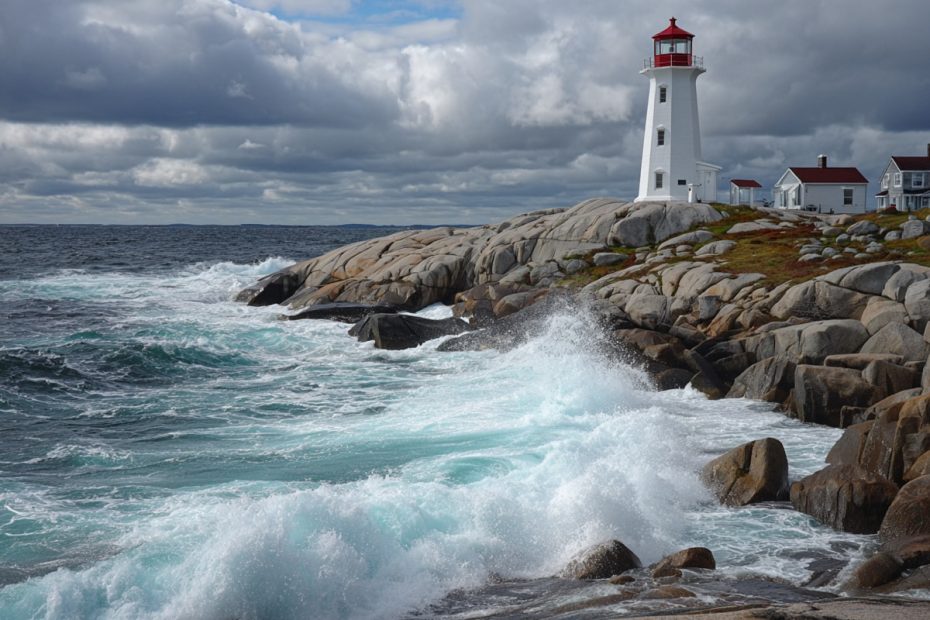 Peggy's Cove lighthouse on dramatic rocky coastline in Nova Scotia