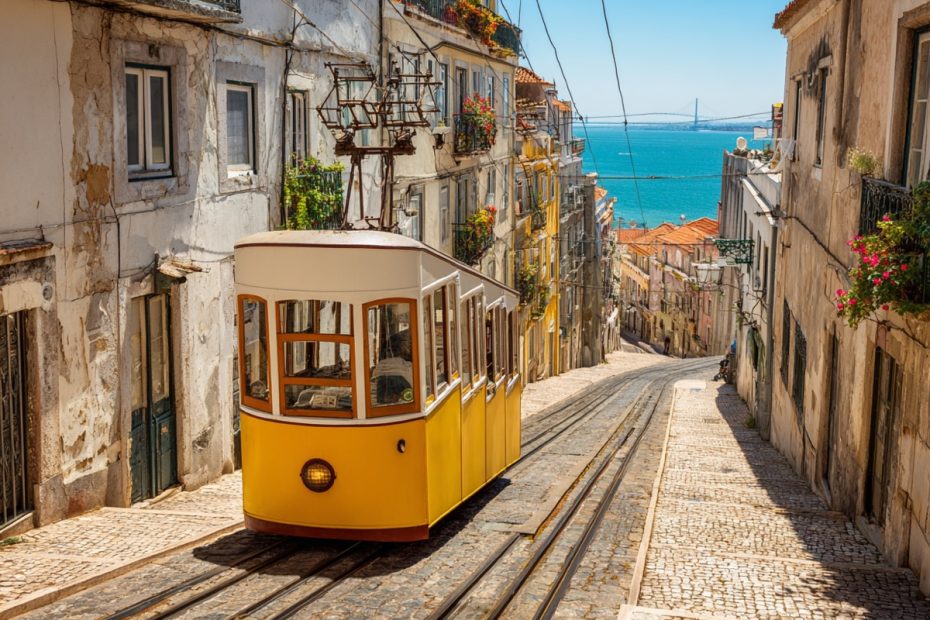 Yellow vintage tram climbing a steep street in Lisbon, Portugal