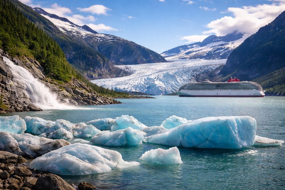 Mendenhall Glacier with icy blue waters in Juneau, Alaska