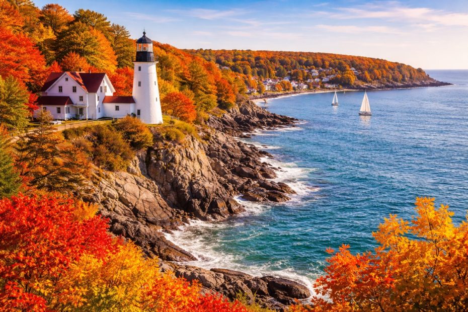 Charming New England coastal town with fall scenery