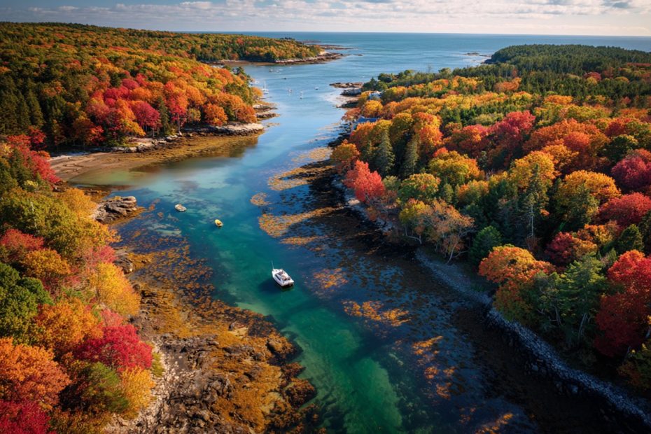 Charming New England coastal town with fall scenery