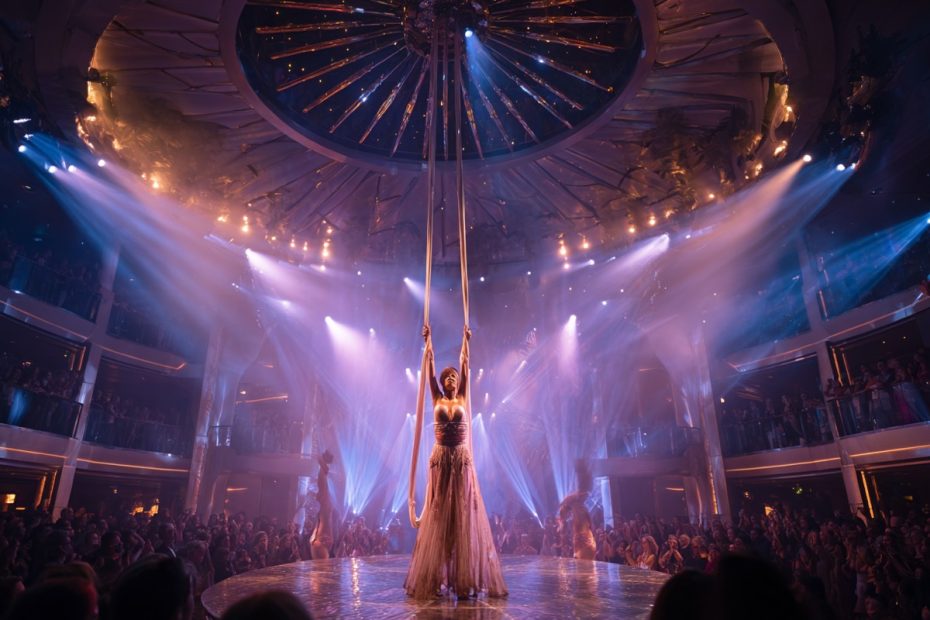 Dramatic aerial performer suspended during the Persephone show on Virgin Voyages