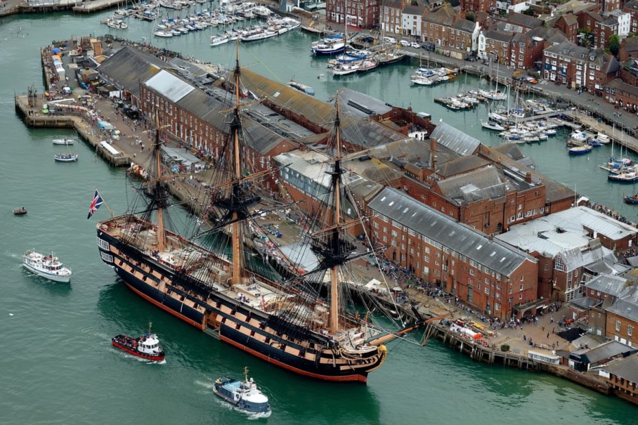 HMS Victory and the historic dockyard in Portsmouth, England
