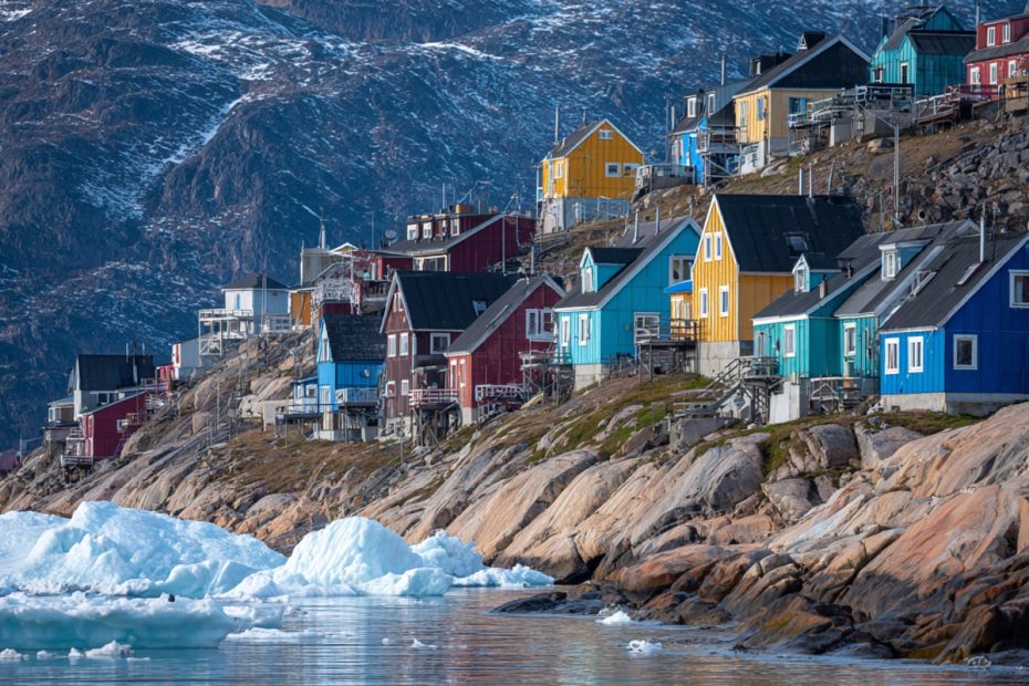 Colorful Nordic houses on green hillsides in Qaqortoq, Greenland