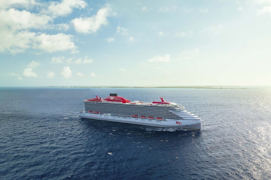 Virgin Voyages Scarlet Lady cruise ship exterior view at sea
