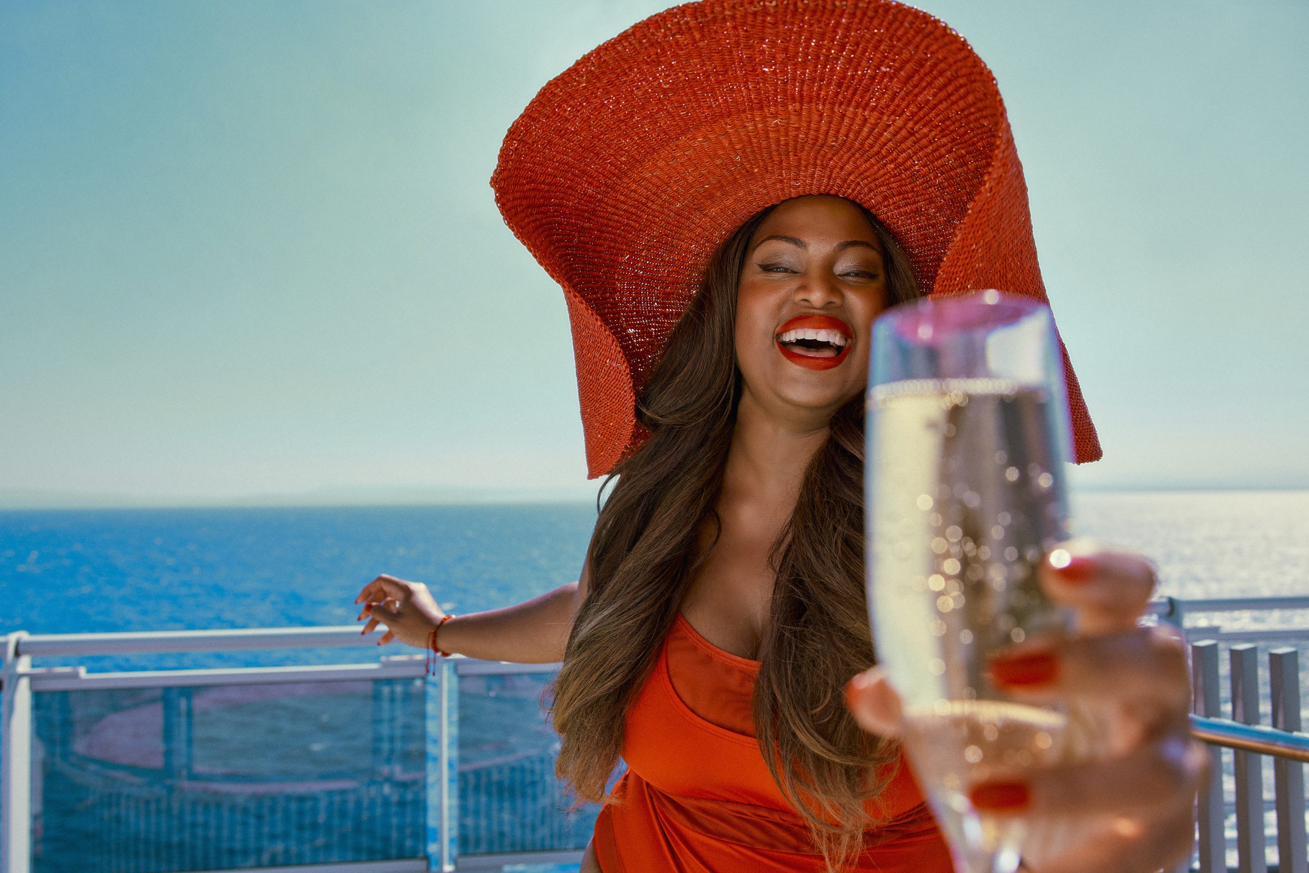 Sailors dressed in red for Scarlet Night party on Virgin Voyages