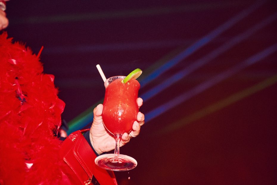 Scarlet Night signature party with red themed celebration on Virgin Voyages