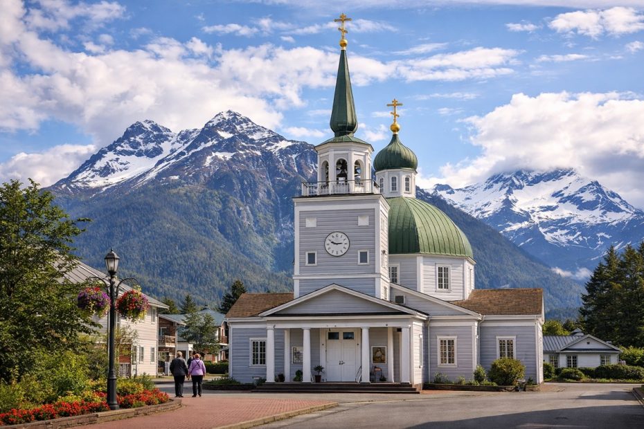 Scenic view of Sitka, Alaska with mountains and waterfront