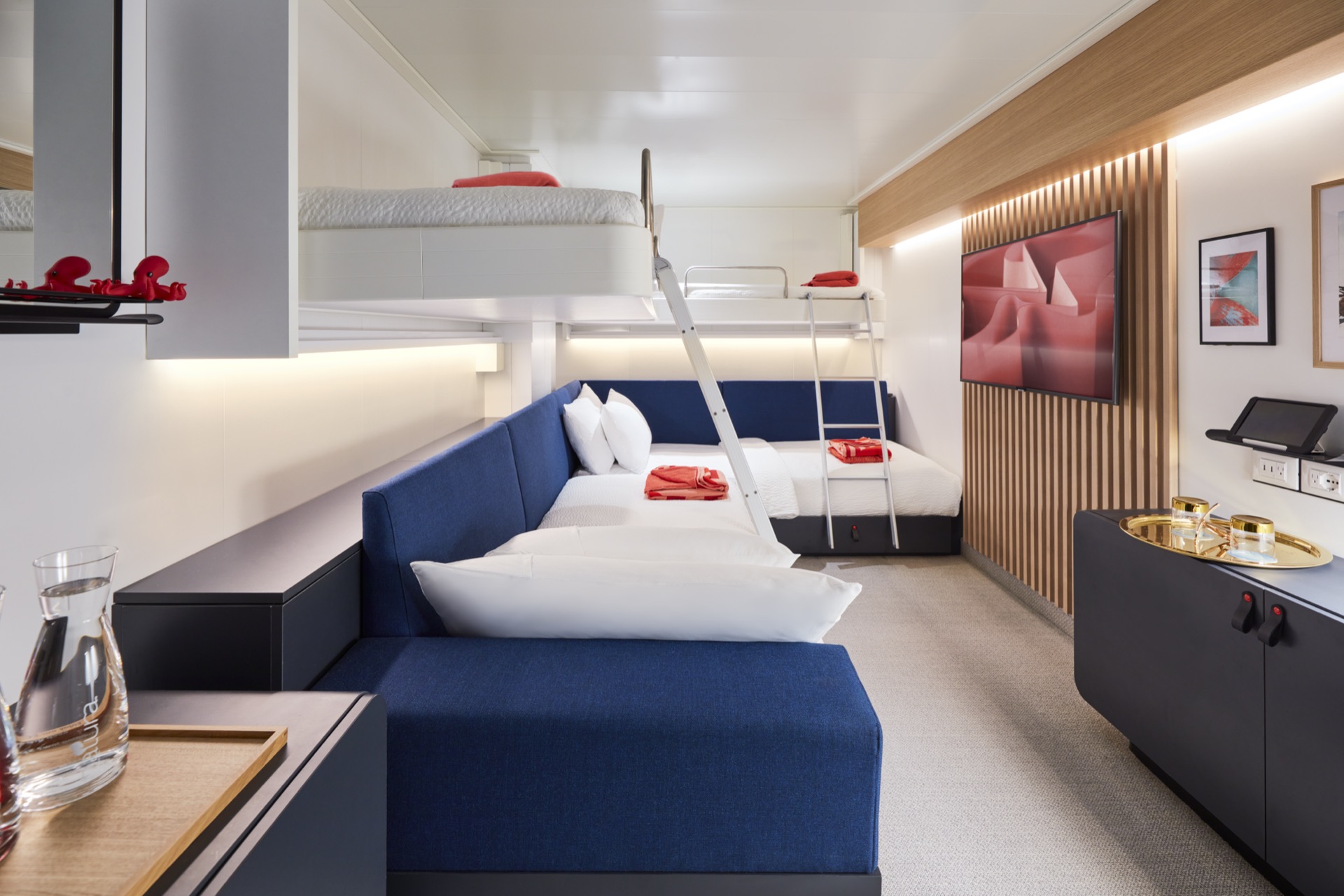 Social Insider cabin with bunk beds for group cruising on Virgin Voyages