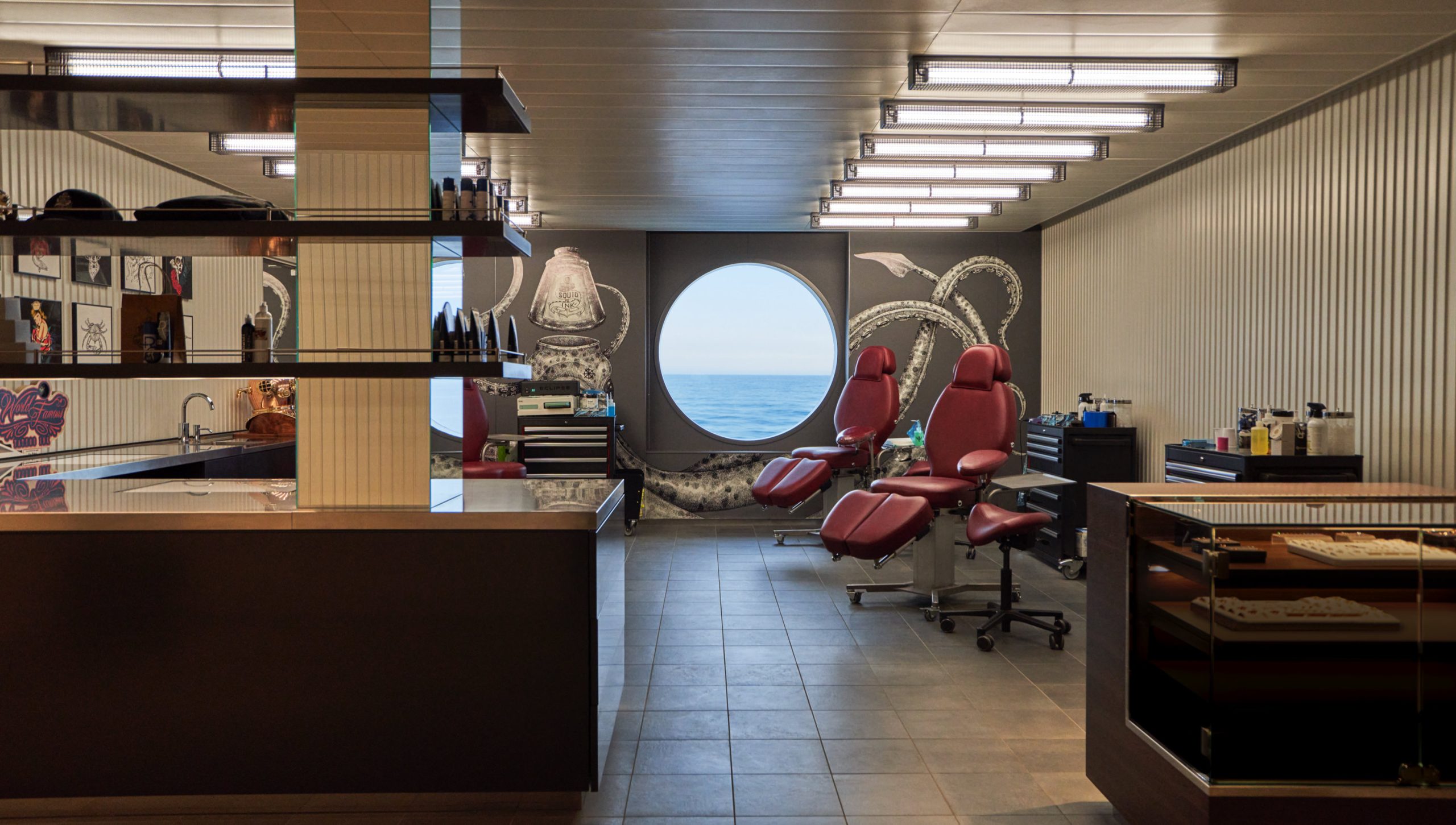 Squid Ink Tattoo parlor where guests can get tattooed at sea on Virgin Voyages