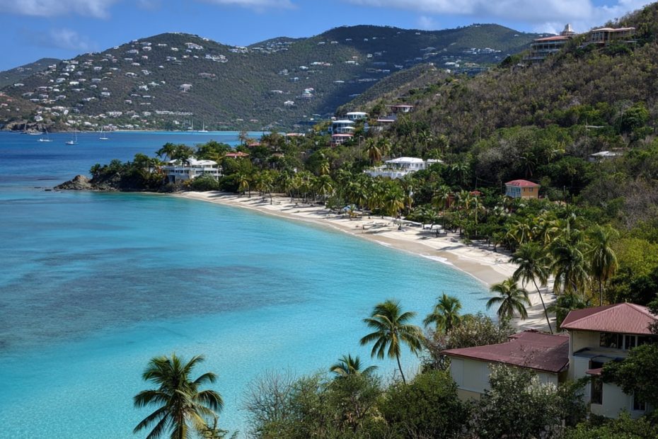 Magens Bay beach with lush green hills in St. Thomas, USVI