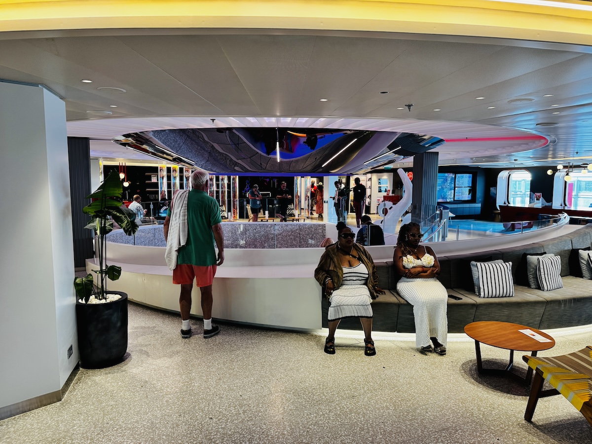 The Deck 6 center atrium area on Virgin Voyages