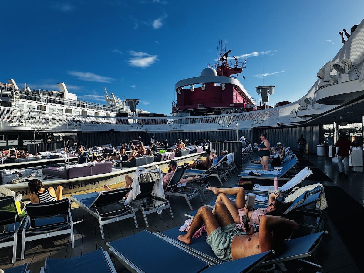 The pool deck on Virgin Voyages